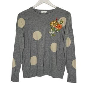 THML Polka Dot Gray Sweater XS Embroidered Floral Detail Oversized Boho